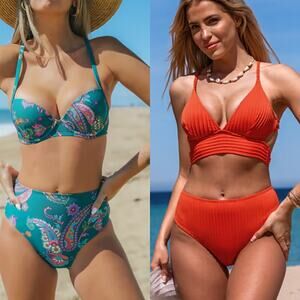 NWT Cupshe Paisley Sweetheart Push Up & Ribbed Plunged Bikini 2 PC Bundle Sz S